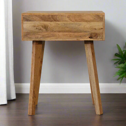 Back view of the Honeycomb Bone Inlay Tapered 1 Drawer Bedside Table, showing the solid construction and oak-ish finish from behind.