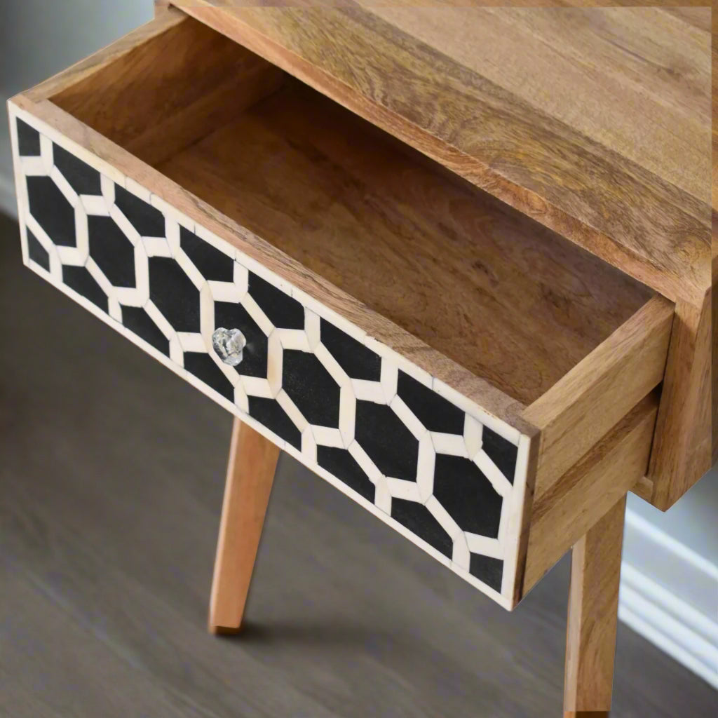 Top-down view of the Honeycomb Bone Inlay Tapered Bedside Table with its single drawer pulled open, revealing convenient storage space.