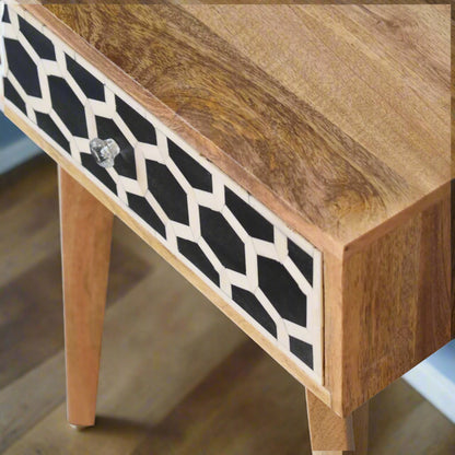 Top-down view of the Honeycomb Bone Inlay Tapered Bedside Table, showcasing the natural wood grain of its oak-ish finished top surface.