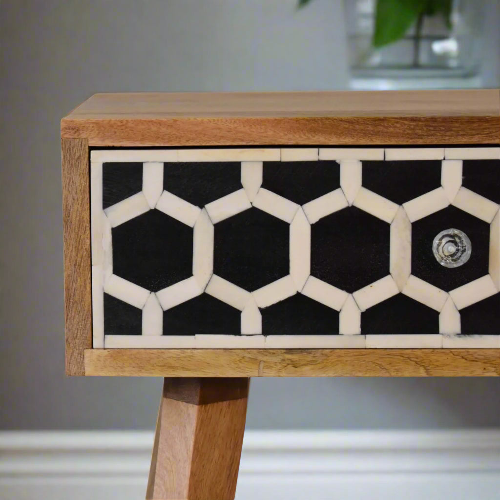 Close-up of the Honeycomb Bone Inlay Tapered Bedside Table's drawer, detailing the intricate honeycomb pattern and elegant knob.

