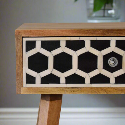 Close-up of the Honeycomb Bone Inlay Tapered Bedside Table's drawer, detailing the intricate honeycomb pattern and elegant knob.

