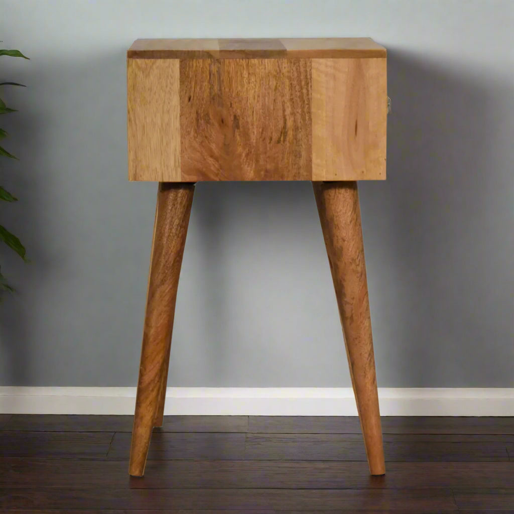 Side view of the Honeycomb Mini Bone Inlay 1 Drawer Bedside Table, showcasing its full profile.