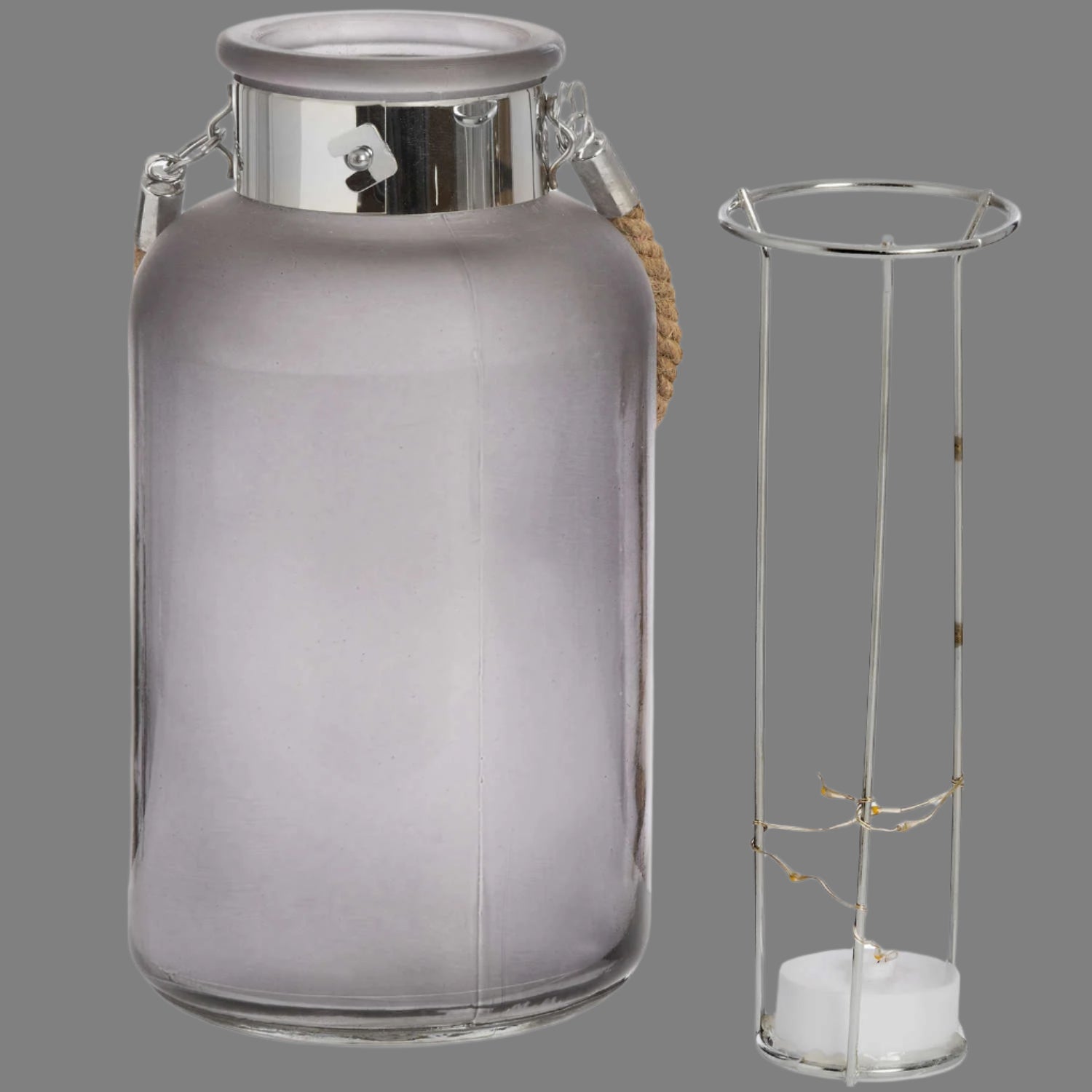 Close-up of removable metal insert and LED string coiled inside the lantern base.
