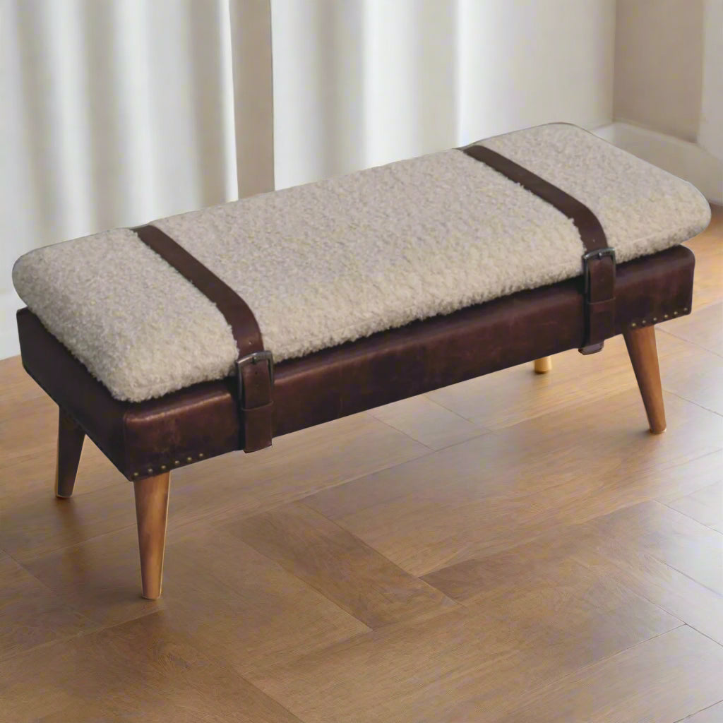Elevated angle showcasing full shape and fabric texture of the brown Bouclé X Bench
