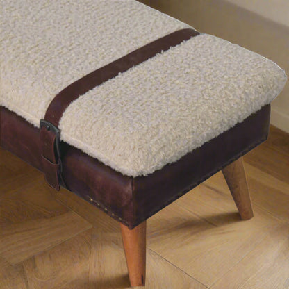 Top angled view of Leather Bouclé X Bench showing corner and Nordic-style wooden leg