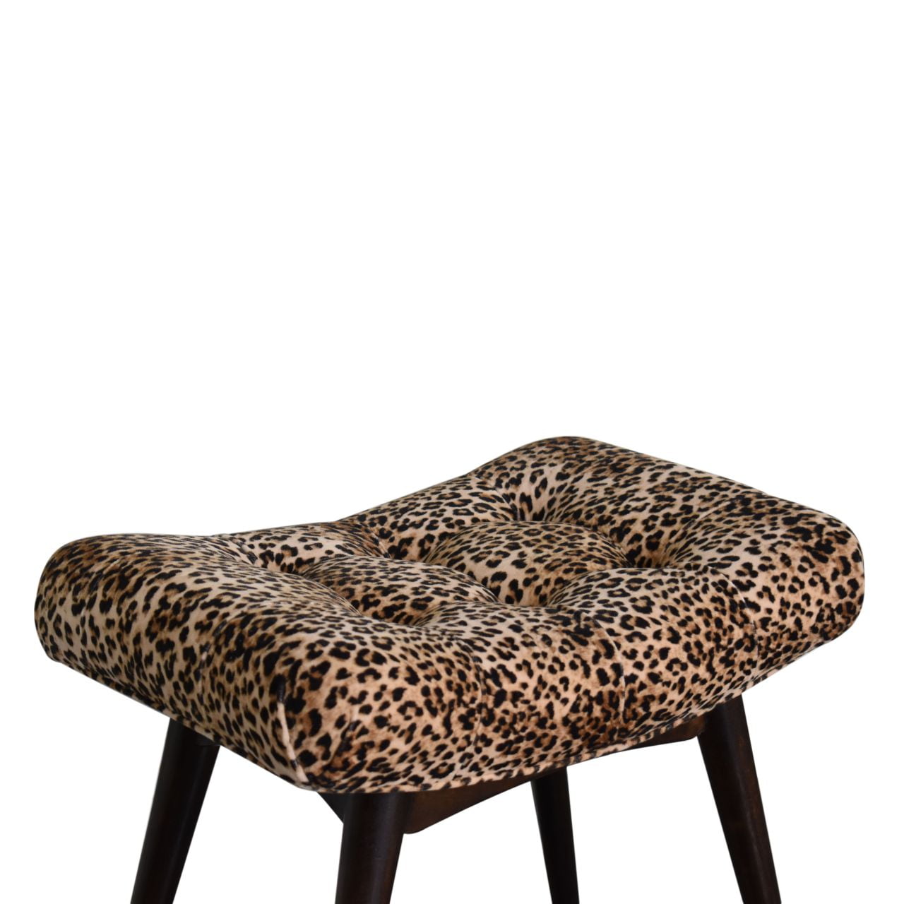 Elevated angled view of the Leopard Print Curve Stool, showing the upholstered seat and a visible section of its legs.