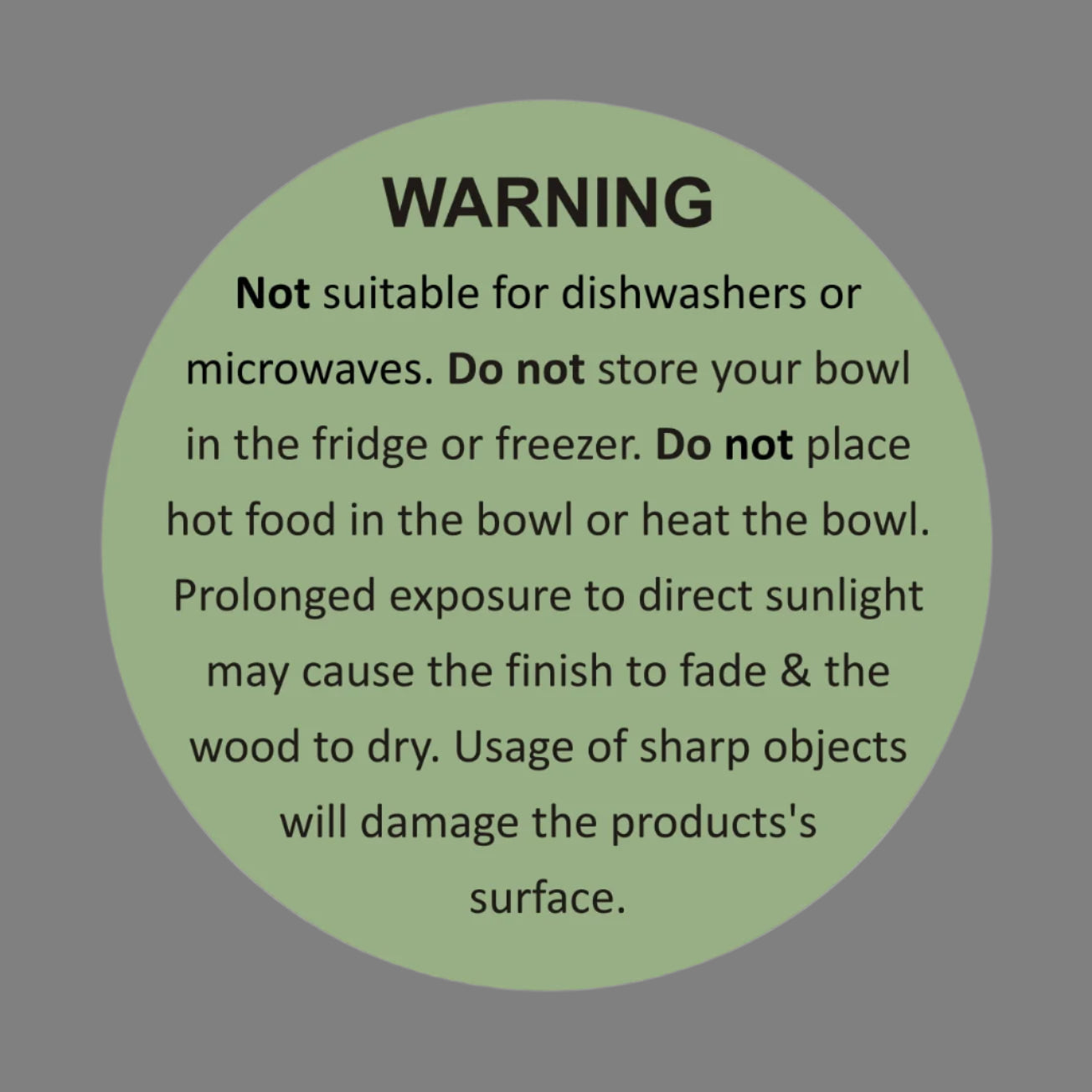 Product care label for mango wood bowls with usage and cleaning instructions.