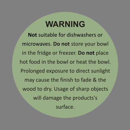 Product care label for mango wood bowls with usage and cleaning instructions.