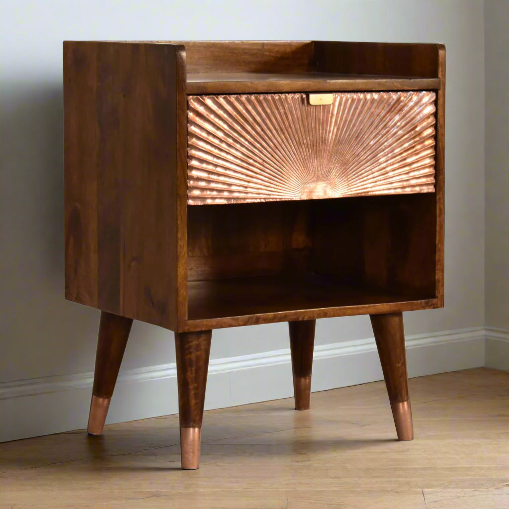 Angled view of the Manila Copper 1 Drawer Bedside Table, displaying its front, right side, and all four Nordic style brass-capped feet.