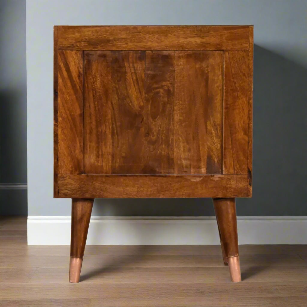 Back view of the Manila Copper 1 Drawer Bedside Table, displaying the rear construction and overall chestnut finish.