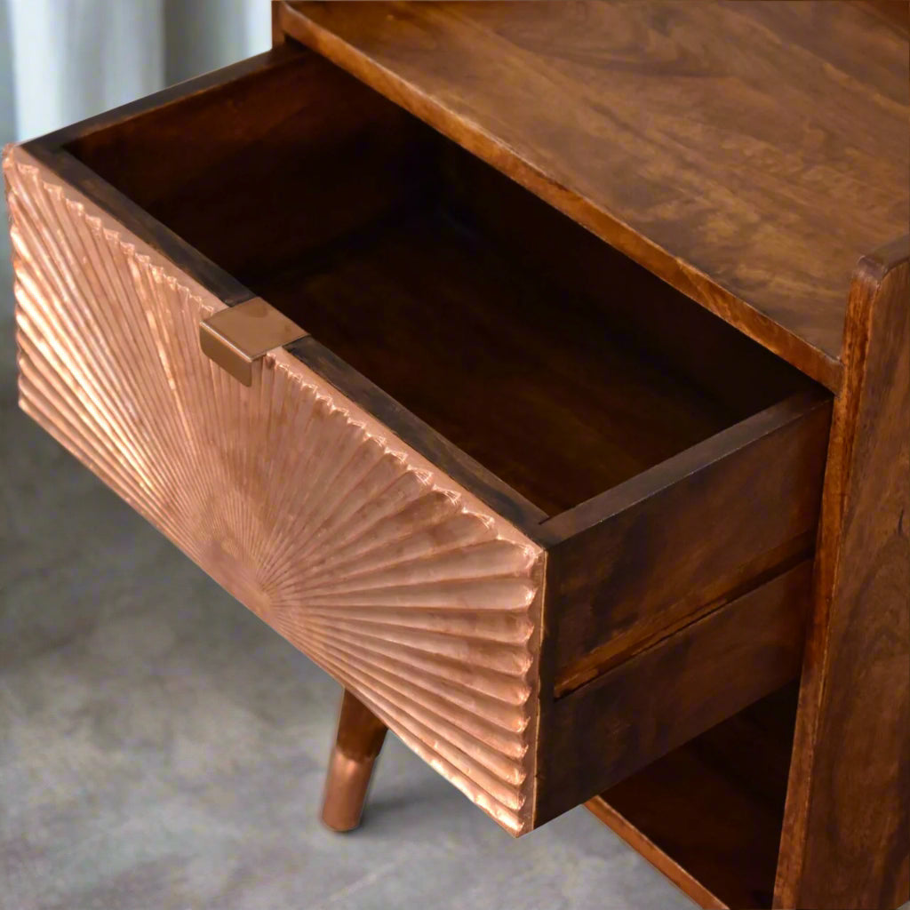 Top-down view of the drawn copper plated drawer, showcasing the generous storage capacity of the Manila Copper 1 Drawer Bedside Table.