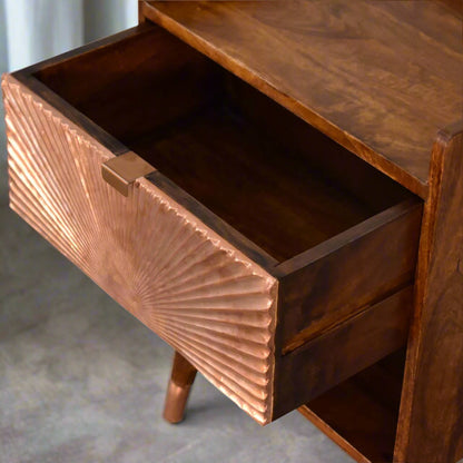 Top-down view of the drawn copper plated drawer, showcasing the generous storage capacity of the Manila Copper 1 Drawer Bedside Table.