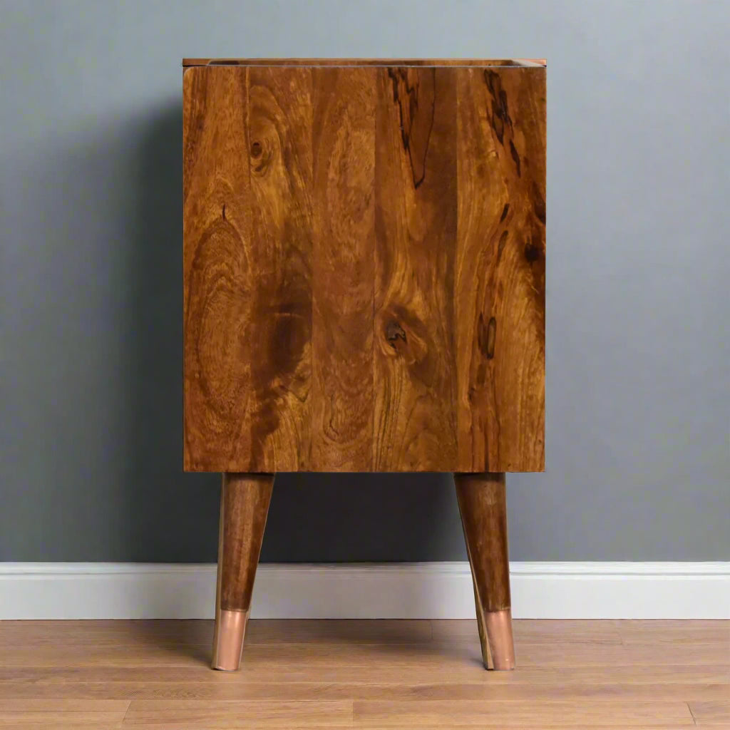 Full side view of the Manila Copper 1 Drawer Bedside Table, showcasing its profile and chestnut finish.