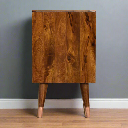 Full side view of the Manila Copper 1 Drawer Bedside Table, showcasing its profile and chestnut finish.