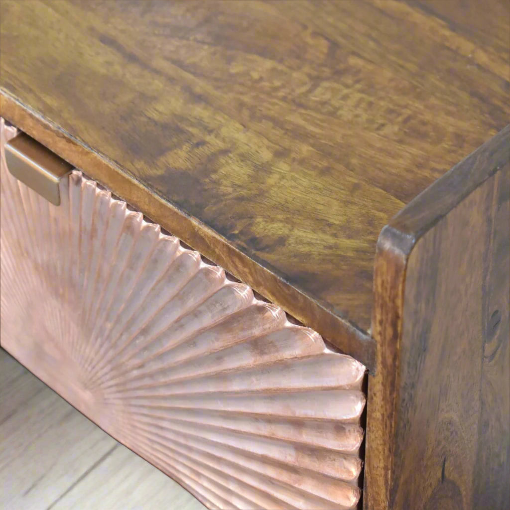 Top-down view of the left edge of the Manila Copper 1 Drawer Bedside Table, highlighting the natural wooden grain on the top surface and the copper plated drawer.