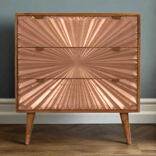 Front view of solid mango wood chest with three copper-inlay drawers and a rich chestnut finish.