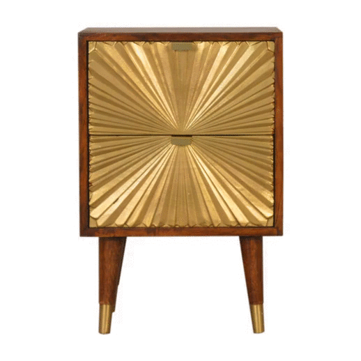  A rotating GIF showcasing the Manila Gold 2-drawer bedside table in chestnut finish from multiple angles, highlighting its brass-plated sunburst drawer and Nordic-style brass cap feet.