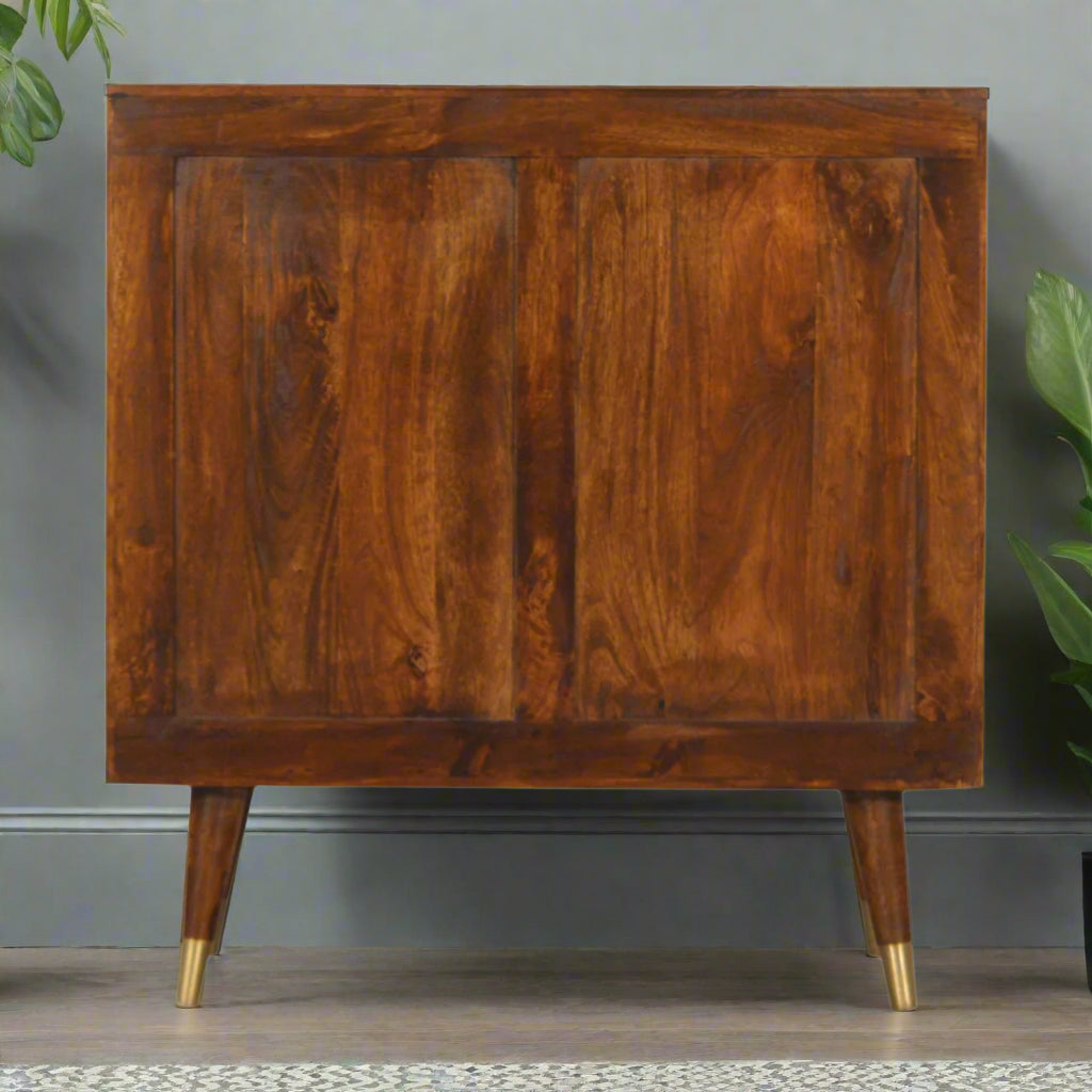 Back view of the Manila Gold Cupboard, highlighting the solid mango wood in a rich chestnut finish and the sturdy construction of the cabinet.