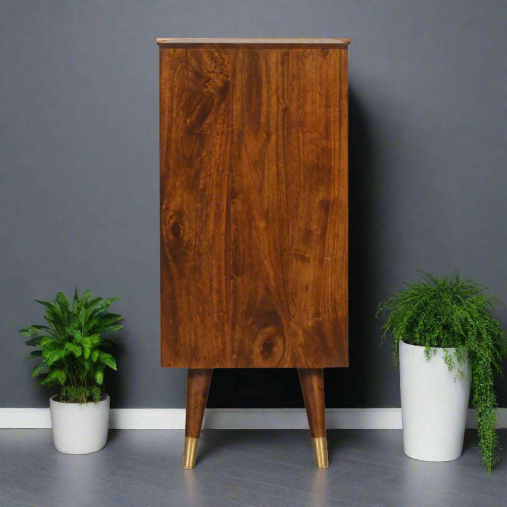 Side view of the Manila Gold Cupboard, highlighting the solid mango wood in a rich chestnut finish.