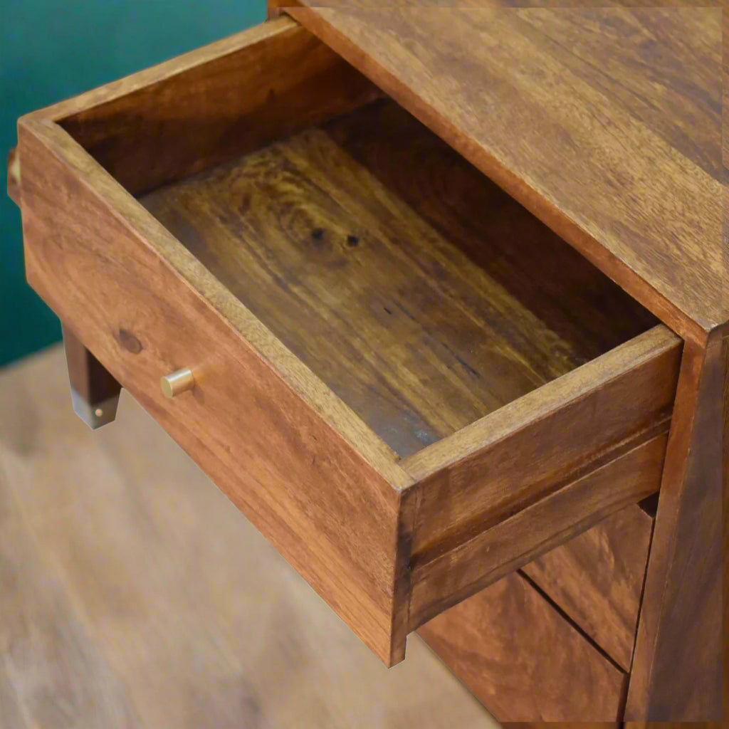 Open drawer of the Manila Gold Sideboard, revealing the spacious interior for storage, crafted from solid mango wood.