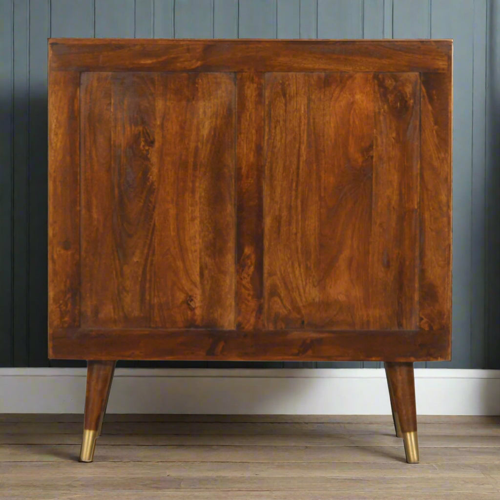Back view illustrating full wooden panel and brass‑cap feet

