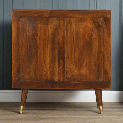 Back view illustrating full wooden panel and brass‑cap feet

