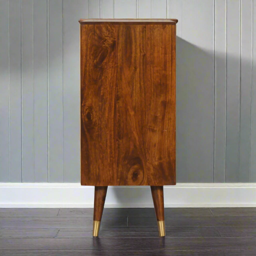 Side profile showing chestnut finish and two legs

