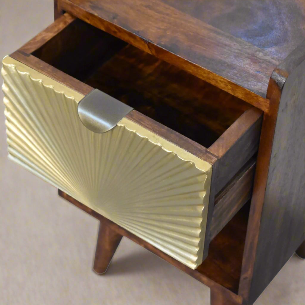 Top‑down shot with drawer partially open, revealing interior storage