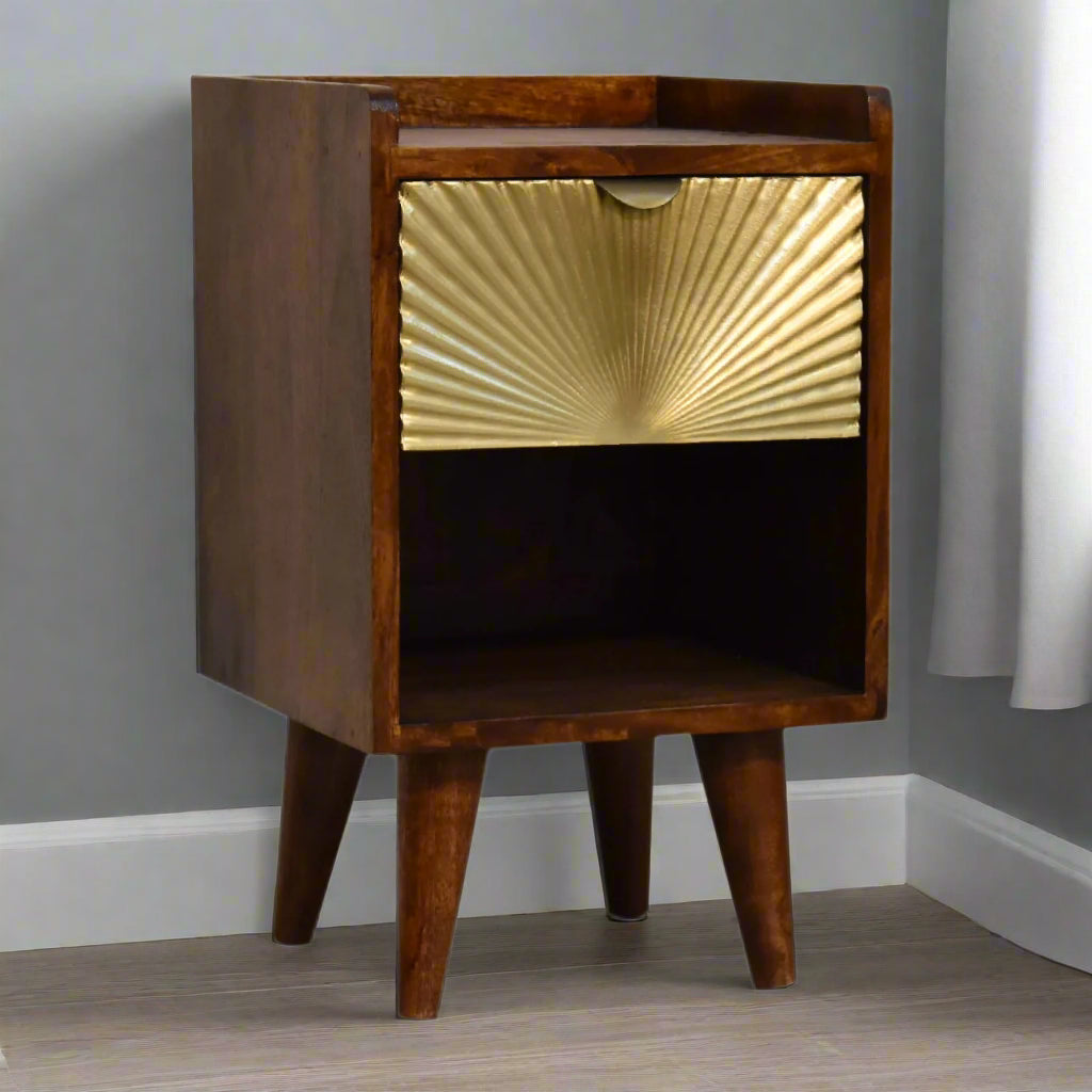 Front‑left angled view showing sunrise brass drawer, open slot, and four Nordic legs