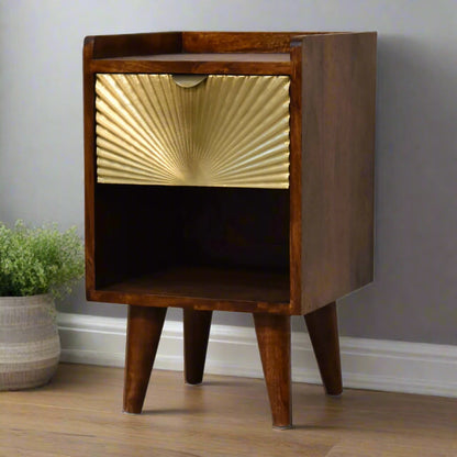 Front‑right perspective displaying rich chestnut grain and compact form