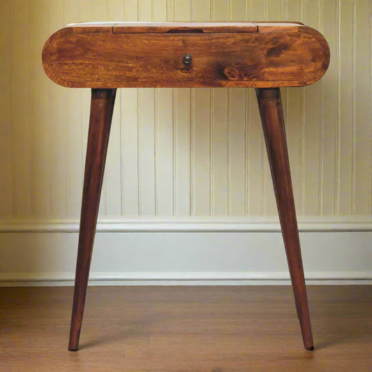 Front view of chestnut dressing table with single drawer and round edges
