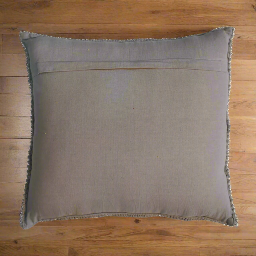 Rear panel of grey Nola cushion showing smooth underside and stitching details – Purple Flamingo UK