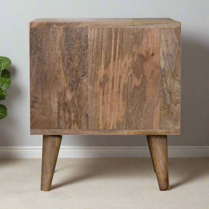 Rear view of the mango wood pet bed, highlighting the natural wood texture and minimalist Scandinavian furniture style.