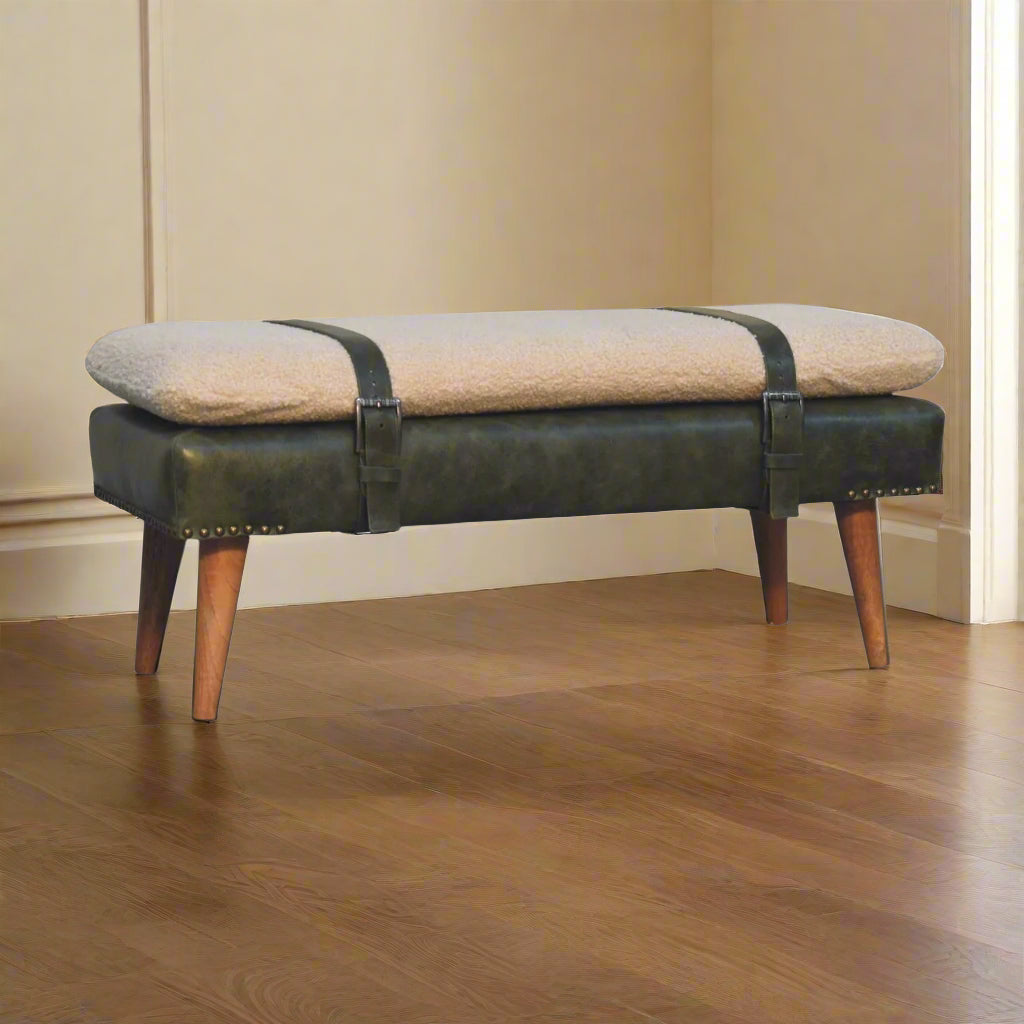 Angled view of the Olive Green Leather Boucle Bench, clearly showing all four legs.