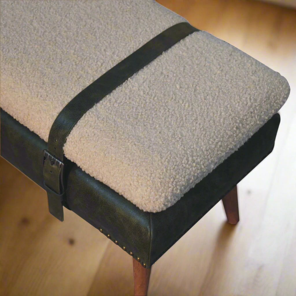 Top-down view of the Olive Green Leather Boucle Bench, illustrating how the strap holds the seat firmly in place.