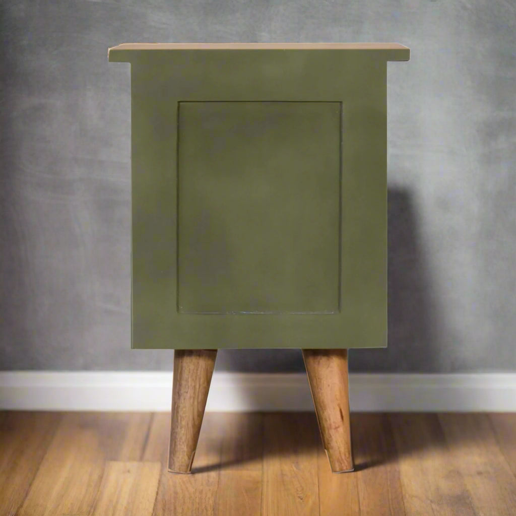 Back view of the olive hand-painted bedside table, showing the rear construction and finish.