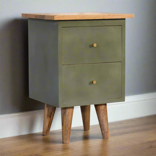 Side view of the olive hand-painted bedside table, showcasing its front, right side, and its four legs.