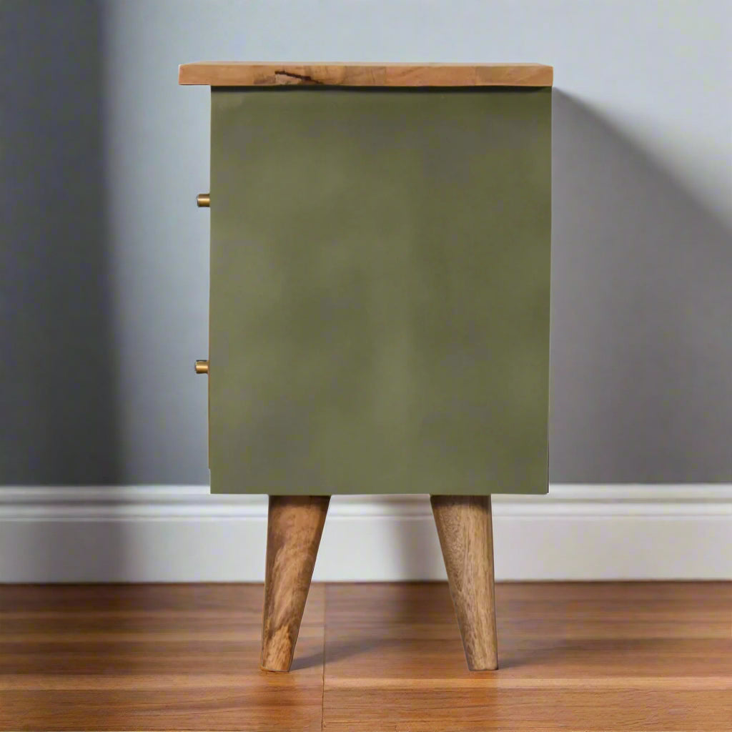 Full side view of the olive hand-painted bedside table, displaying its overall profile and depth.