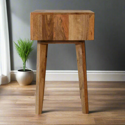 Full side view of the Honeycomb Bone Inlay Tapered Bedside Table, showing its compact design and solid mango wood construction.