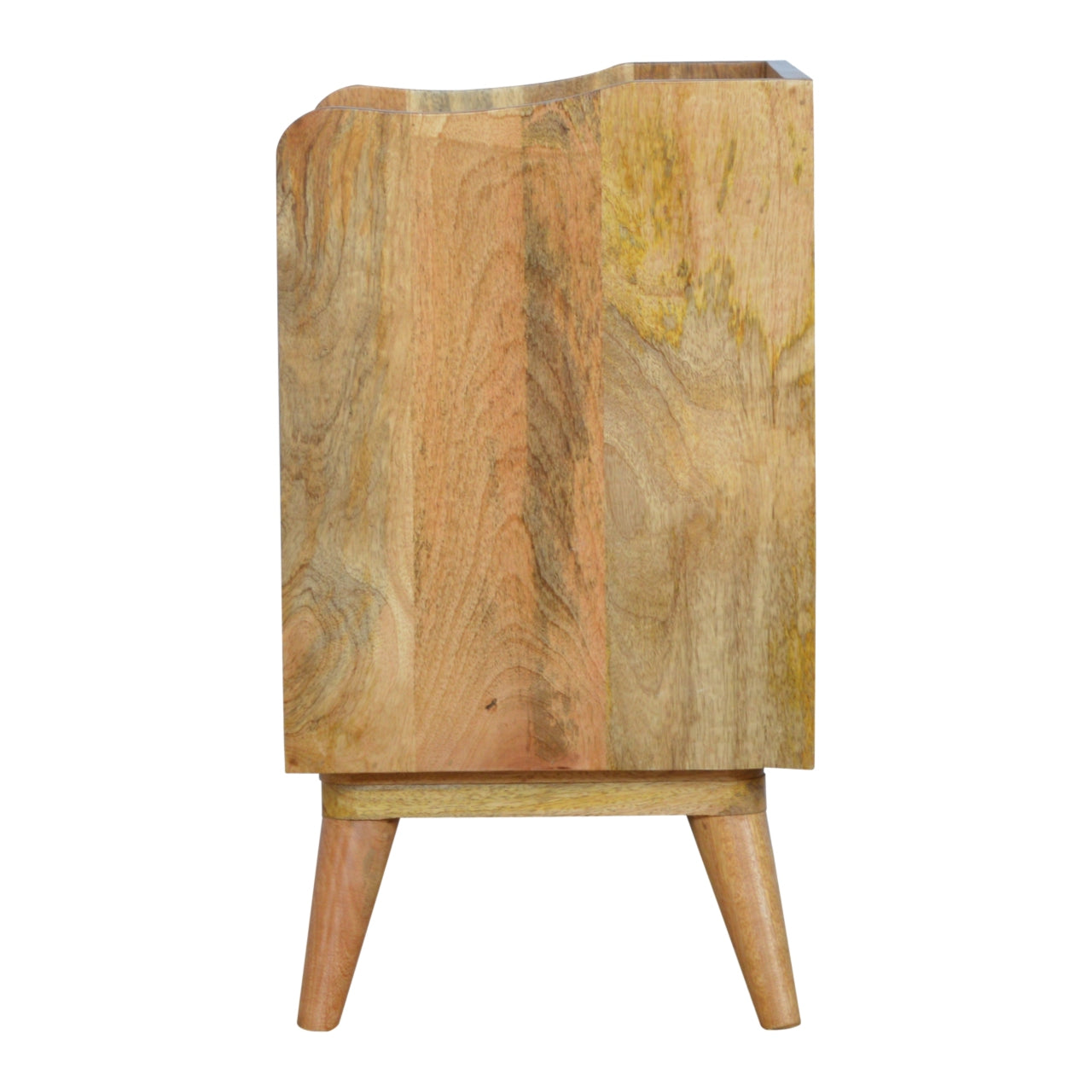 Side view of the Pineapple Screen Print 3 Drawer Bedside Table, showcasing its 100% solid mango wood construction with an oak-ish finish and Nordic style legs.