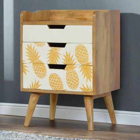 Upper drawers of the Pineapple Screen Print 3 Drawer Bedside Table, highlighting the space for a lamp or ornaments and the distinct drawer designs.