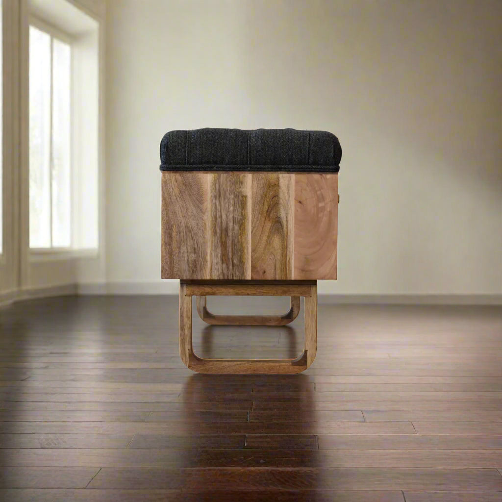 Full side view of the bench showing depth and solid wood construction.