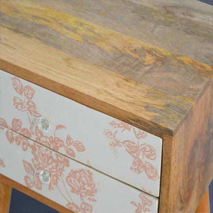 Detailed image of pink floral screen-printed drawer with glass knob on solid mango wood bedside table – Purple Flamingo UK