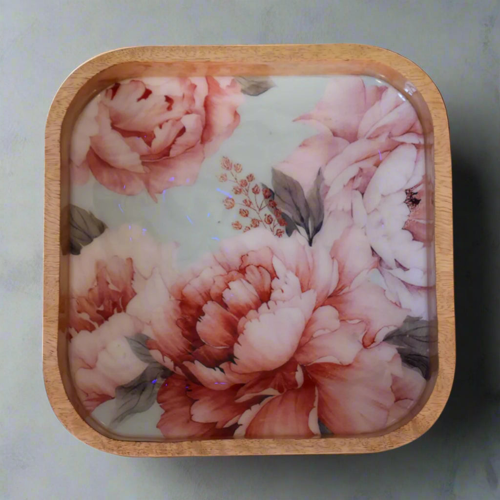 Aerial view of one Pink Floral Square Bowl, focusing on the beautiful pink floral design that adorns its interior.