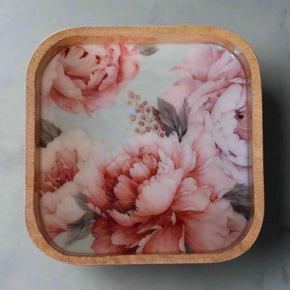 Aerial view of one Pink Floral Square Bowl, focusing on the beautiful pink floral design that adorns its interior.
