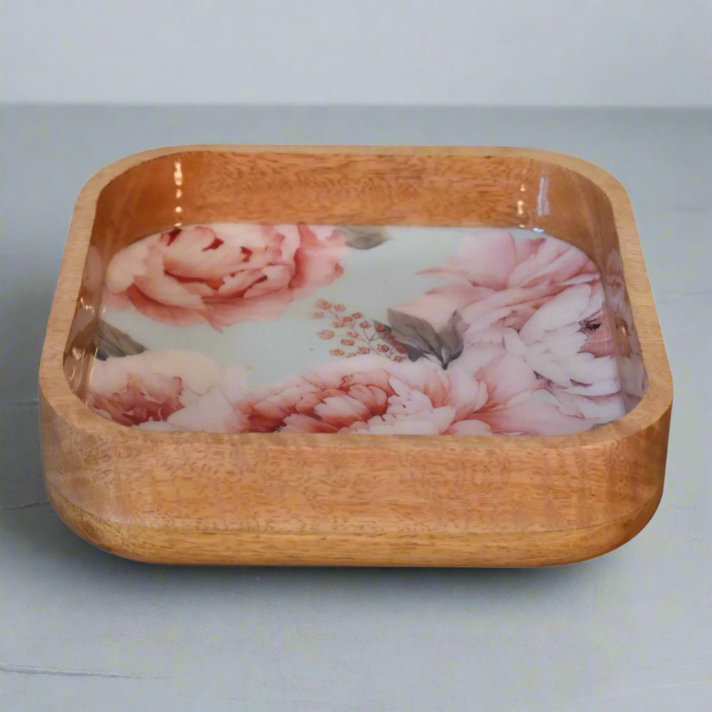 Elevated view of a single Pink Floral Square Bowl, clearly displaying both its pink floral interior and the natural wooden outside.