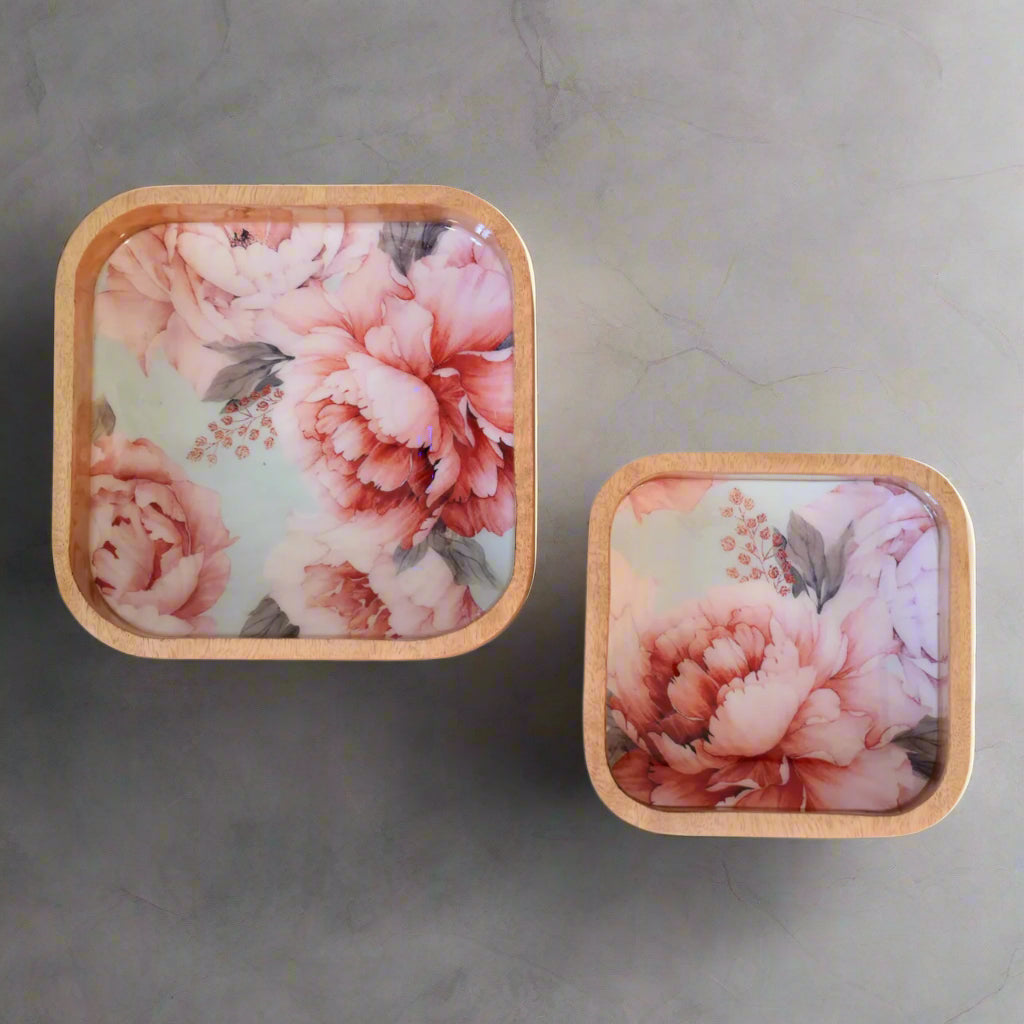 Aerial view of the Pink Floral Square Bowls, distinctly showing the captivating pink rose floral pattern on their inner surface.