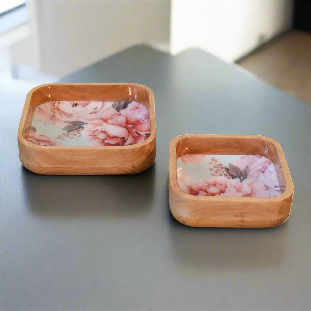 Elevated view of the Pink Floral Square Bowls, showcasing both the lacquered pink floral interior and the solid mango wood exterior.