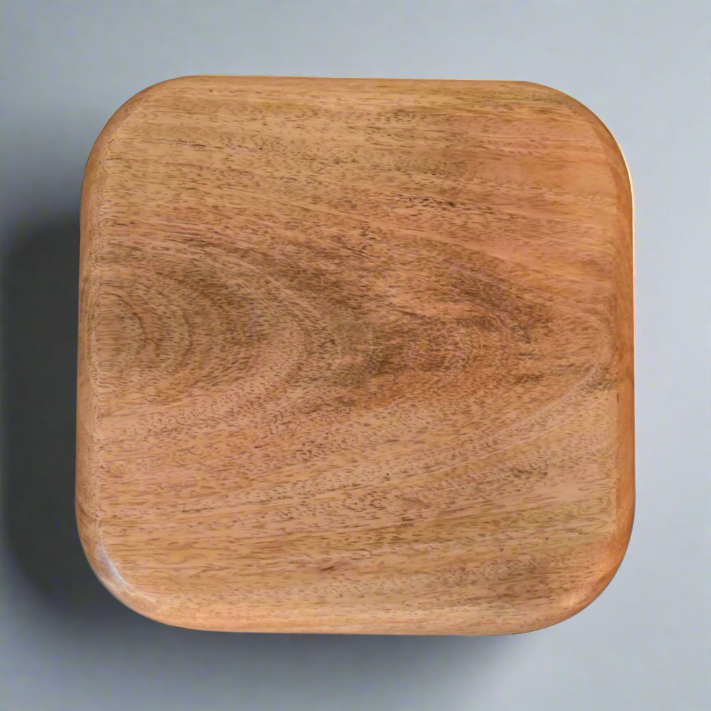 Aerial view of the underside of one Pink Floral Square Bowl, showing the natural mango wood finish and craftsmanship.