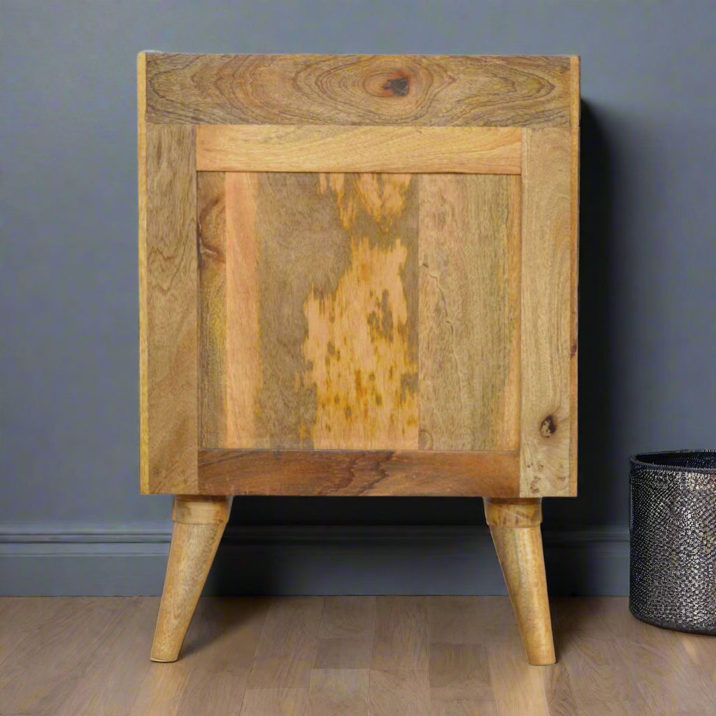  Back view of the Pink Gradient Cut-Out 3 Drawer Bedside Table, showing its solid mango wood construction.